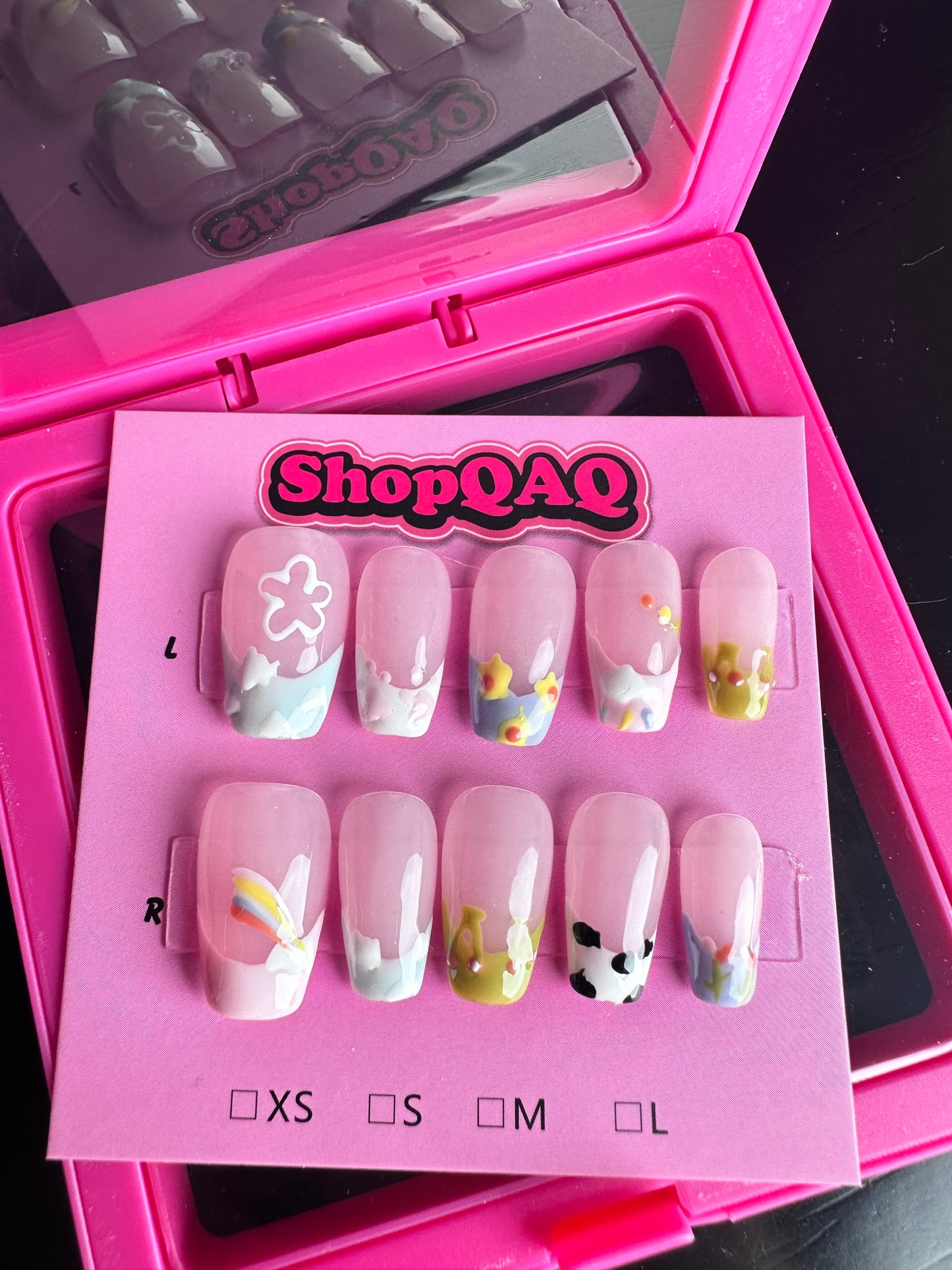 French-Inspired Brightening Nails - Hand-Painted Cute Cloud & Rainbow Short Press-On Nails False Nails from SHOPQAQ