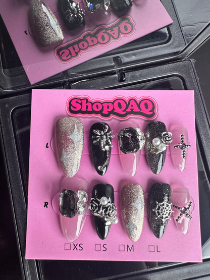 Handcrafted Press-On Nails - 'Midnight Stardust' Collection with Cat Eye and Rose Design False Nails from ShopQAQ