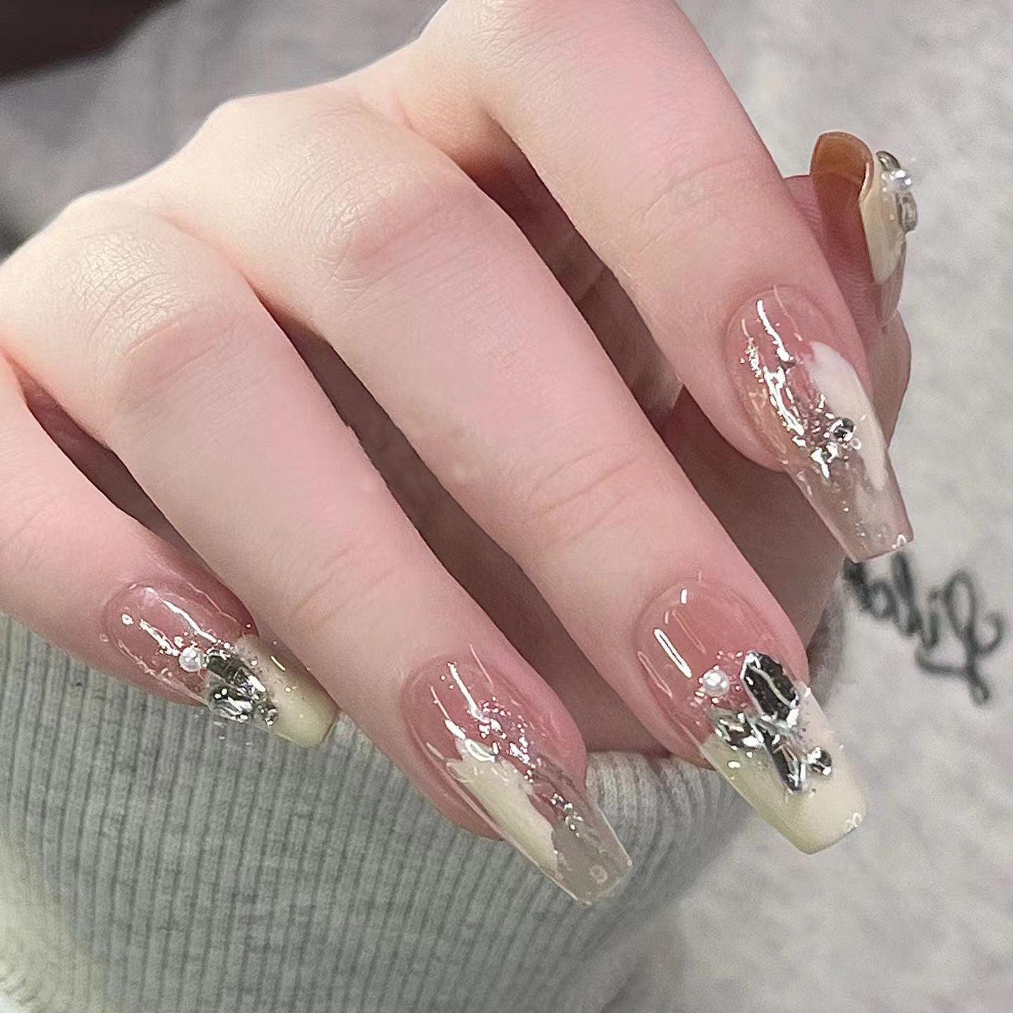 Cream Gilt French | False Nails | diamond nails, French manicure, gold nails, long-lasting nails, luxury false nails, mirrored powder nails, removable nails", special occasion nails, wedding nails | SHOPQAQ