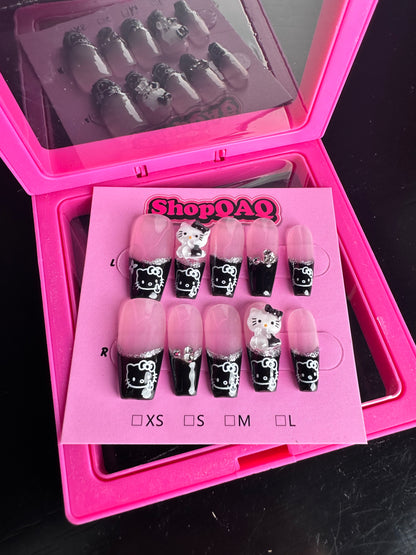 Handcrafted Hello Kitty Press-On Nails - Custom Dark-Themed Cartoon Kitty Nail Art | False Nails | False Nails, Handmade False Nails, press on nails | SHOPQAQ