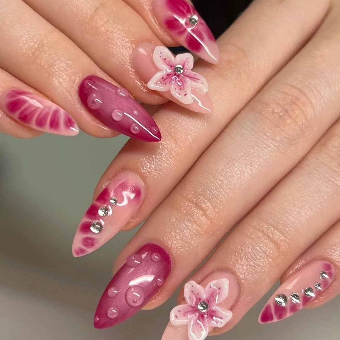 Trending 3D Embossed Ombré Rose Pink Almond Press-On Nails False Nails from SHOPQAQ