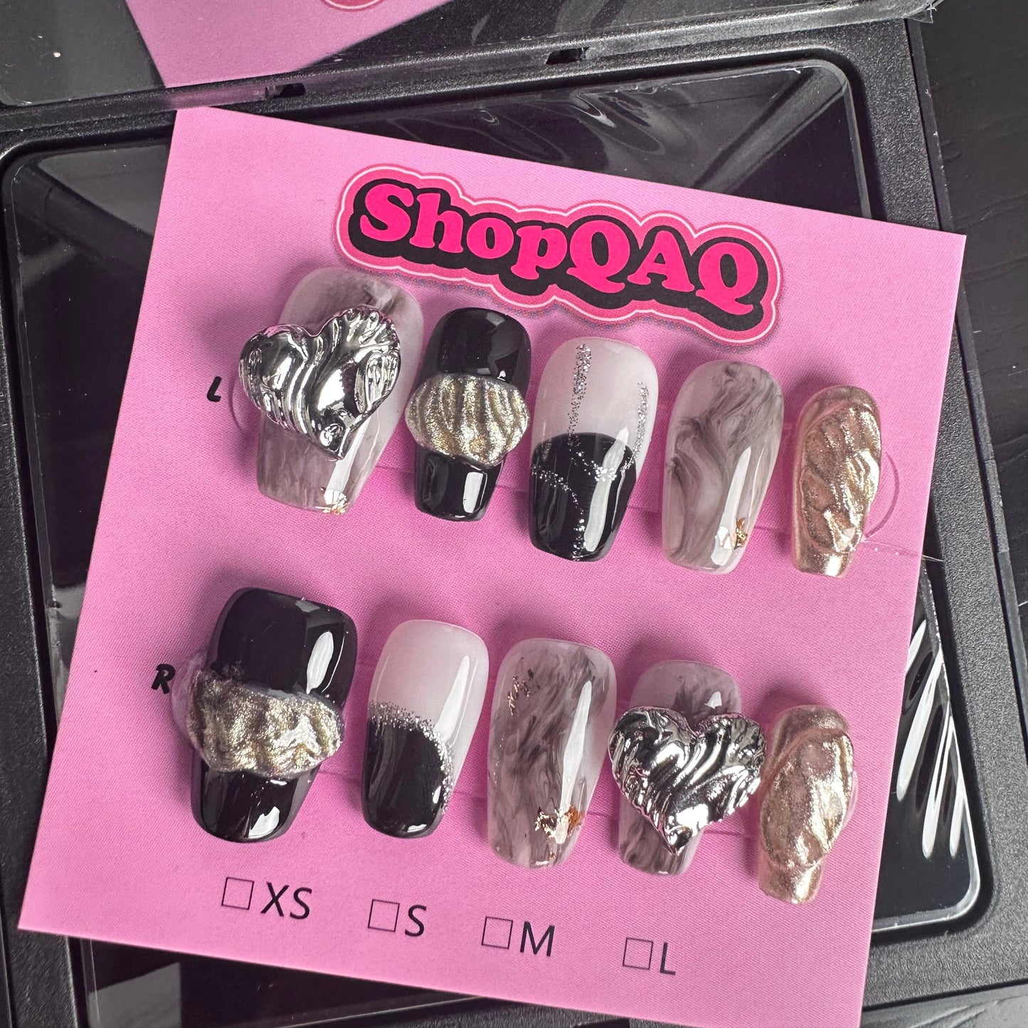 Heart Crystal Nail Art | Super Sparkly Zircon Ink Black Press-On Nails – 2024 New Short Design False Nails from SHOPQAQ