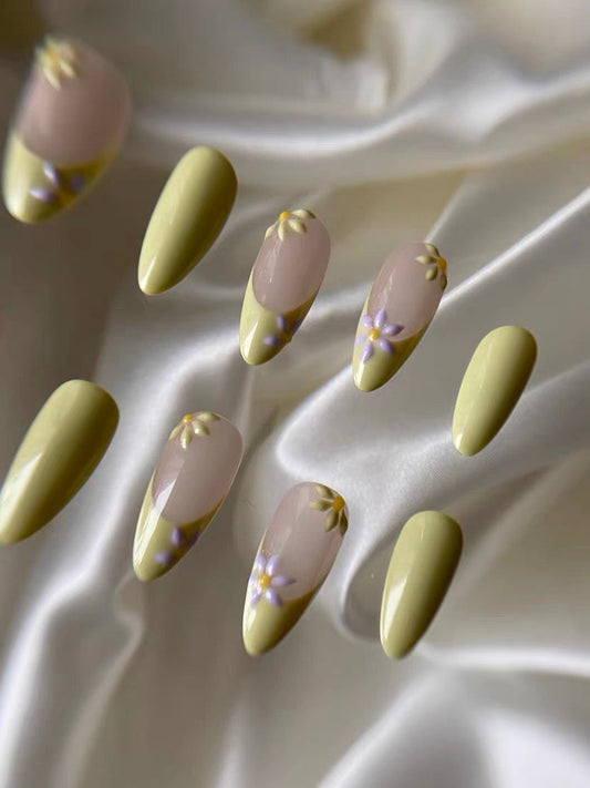Enchanting Paris Collection, Hand-Painted Yellow Floral Design, Spring Almond French Manicure False Nails from SHOPQAQ
