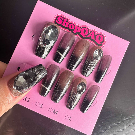 Dark Night Enchantress Handcrafted Press-On Nails - Aurora Black Gemstone Gradient, Dark Femme Fatale Style False Nails from SHOPQAQ