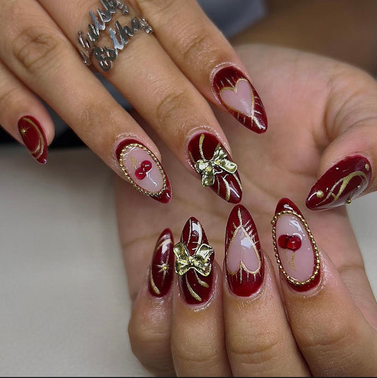 Cherry heart bowknot french tip style press on nails | False Nails | SHOPQAQ