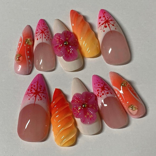 hand-painted 3D Dry Orchard Flower Long Almond Press On Nails | False Nails | False Nails, Handmade False Nails, press on nails | SHOPQAQ