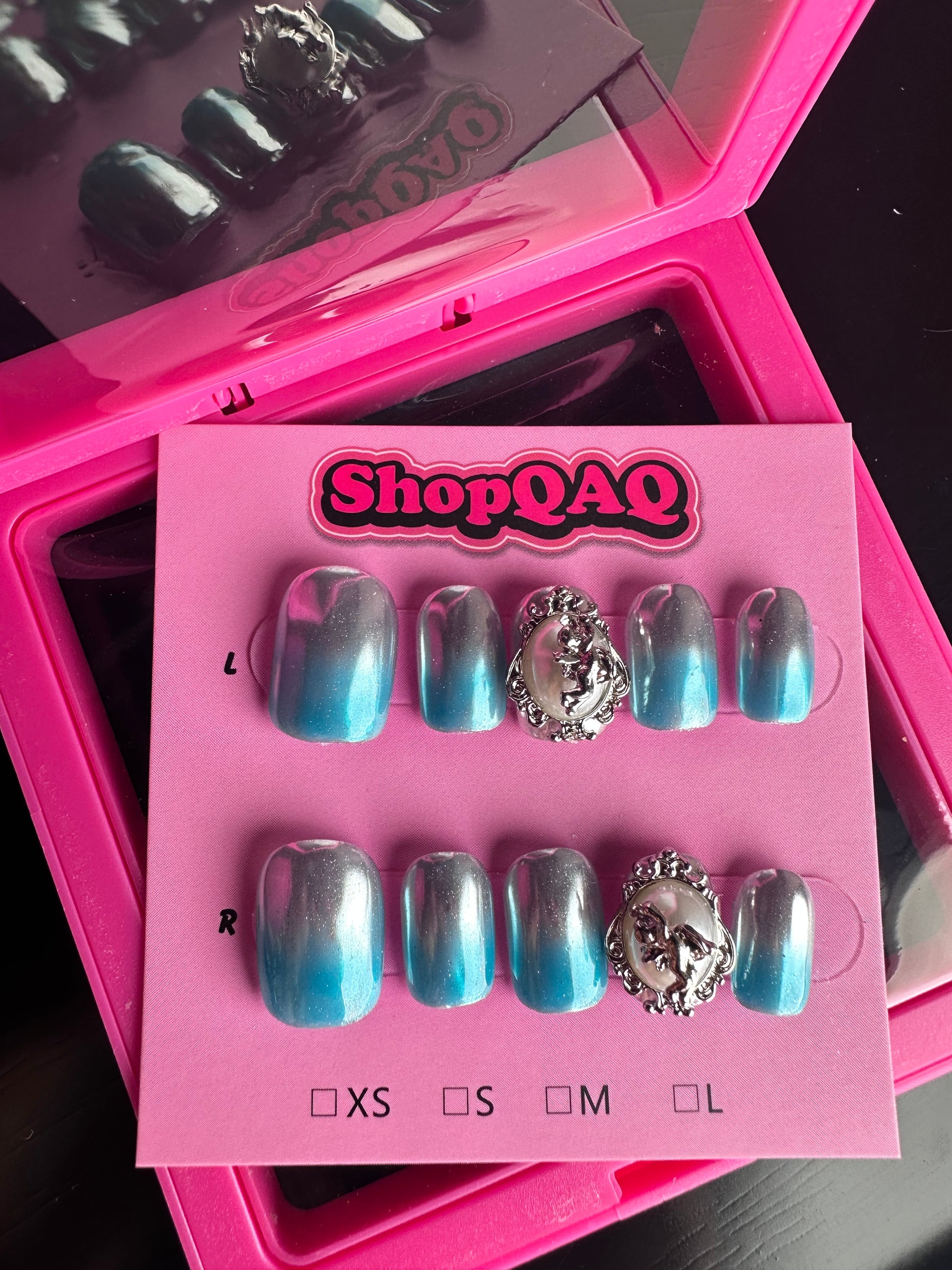 Handcrafted Silver Blue Icy Gemstone Mirror Powder High Shine Press-On Nails False Nails from SHOPQAQ