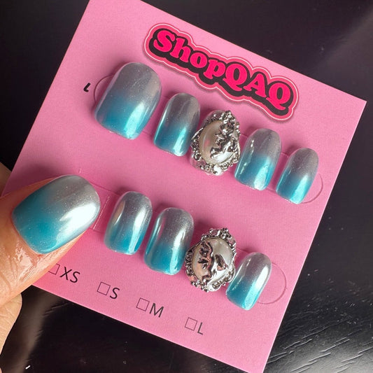 Handcrafted Silver Blue Icy Gemstone Mirror Powder High Shine Press-On Nails | False Nails | False Nails, Handmade False Nails, press on nails | SHOPQAQ