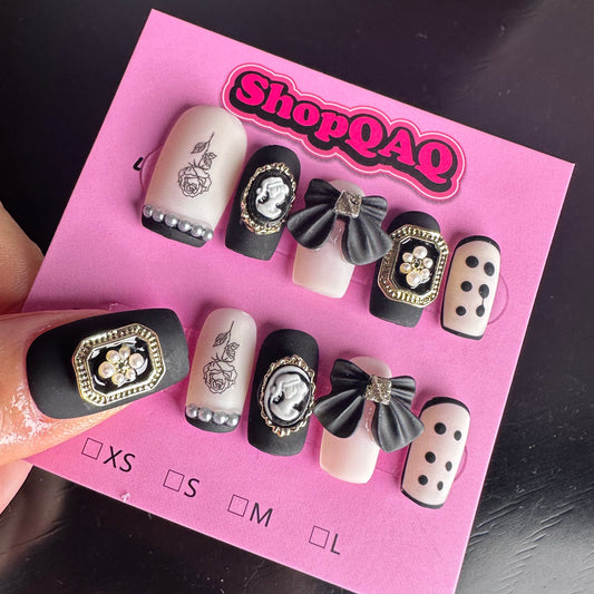 Chanel-Inspired Bow Vintage Series Rose Hepburn Portrait Press-On Nails | False Nails | False Nails, Handmade False Nails, press on nails | SHOPQAQ