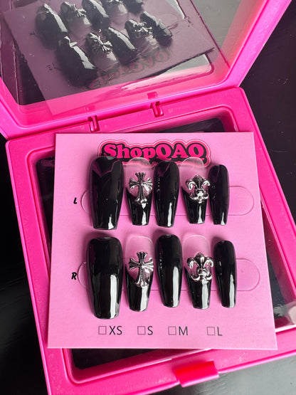 Gothic Chrome Hearts Cross Press On Nails – Handmade & Reusable False Nails from SHOPQAQ