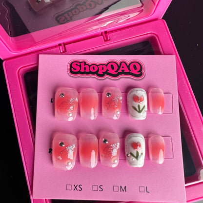 Tulip Cherry Blossom Short Press On Nails – Handcrafted Floral Elegance | False Nails | False Nails, Handmade False Nails, press on nails | SHOPQAQ