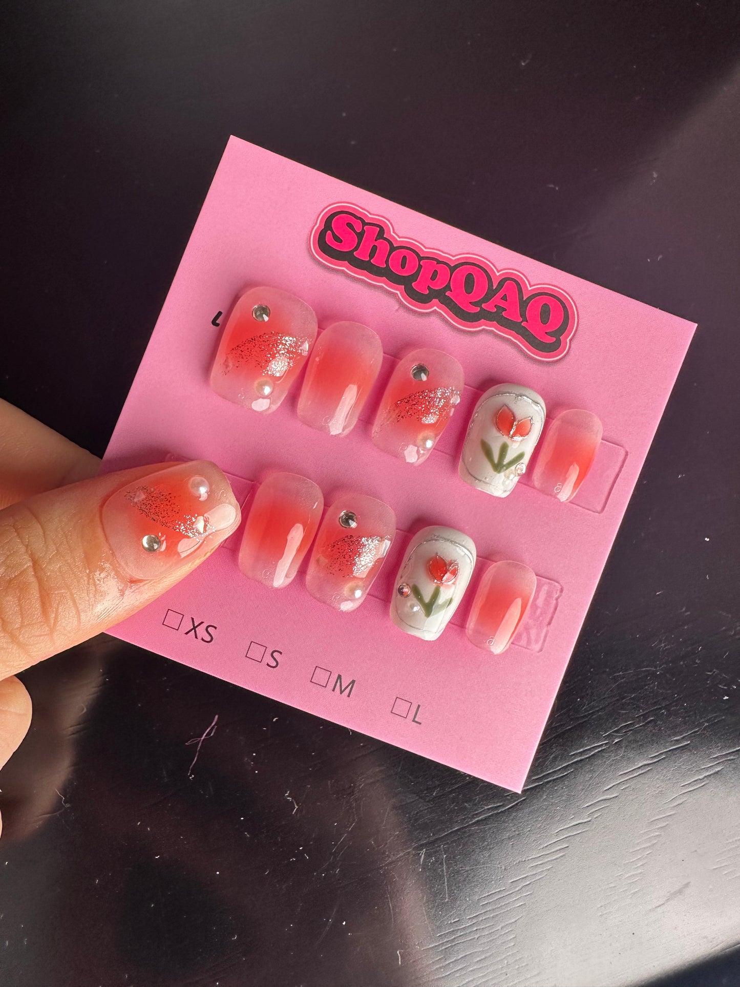 Tulip Cherry Blossom Short Press On Nails – Handcrafted Floral Elegance False Nails from SHOPQAQ