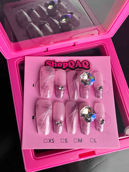 Bauhinia Rose Swarovski Crystal Long Coffin Press On Nails – Luxurious & Glamorous False Nails from SHOPQAQ