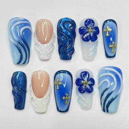 Bluewave With 3D Flower & White French Tip False Nails from SHOPQAQ