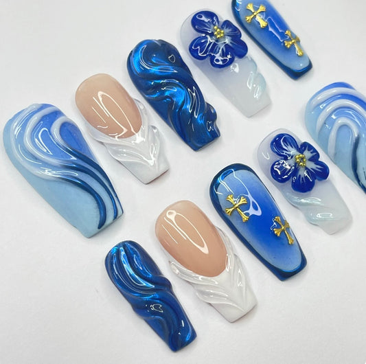 Bluewave With 3D Flower & White French Tip | False Nails | SHOPQAQ