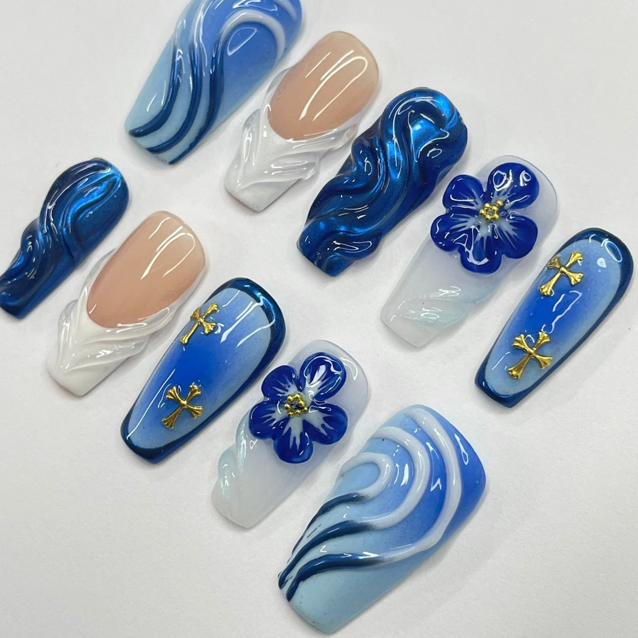 Bluewave With 3D Flower & White French Tip False Nails from SHOPQAQ