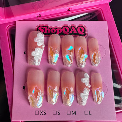 Ice Flower Nude Aurora Gradient Press On Nails – Handcrafted Elegance for Spring Summer False Nails from SHOPQAQ