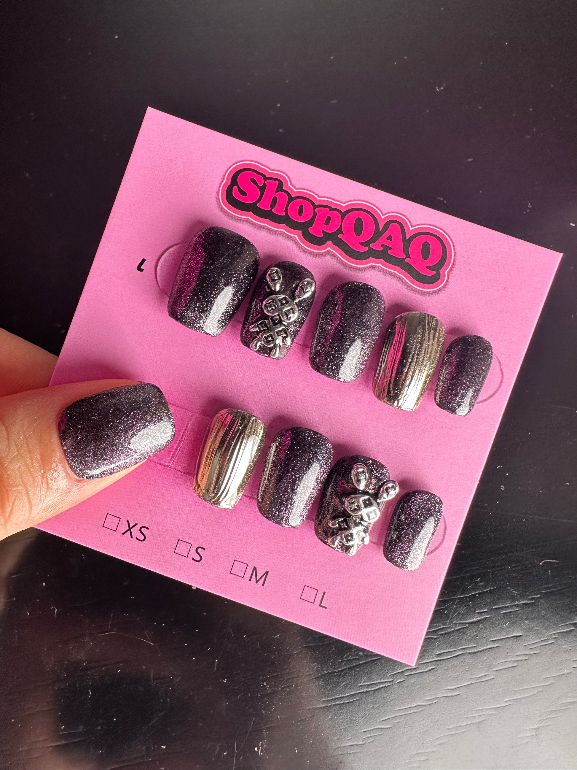 Handcrafted Dark Cat Eye Purple Crystal Press On Nails – Trendy & Sophisticated False Nails from SHOPQAQ