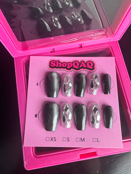 Celestial Summit" Crystal Cat Eye Press-On Nails - Unique Dark Gothic Handcrafted Gel Nail Art False Nails from SHOPQAQ