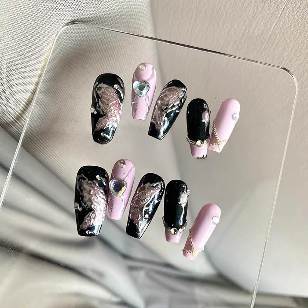 Pink Rhinestone Hearts and Silver | False Nails | DIY nails, easy to apply nails, fake nails, False Nails, fashion nails, Handmade fake nails, Handmade False Nails, High-Grade False Nails, nails, Party nails., press on nails, special occasion nails | SHOPQAQ