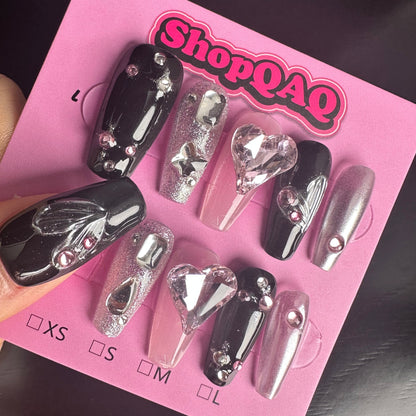 Dancing Heart" Y2K Press-On Nails | Cyber Metal Chic with High-End Handcrafted Design False Nails from SHOPQAQ