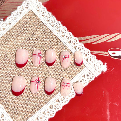 Christmas Gift Bow French Press-On Nails | Hand-Painted Square-Round Shape False Nails from SHOPQAQ