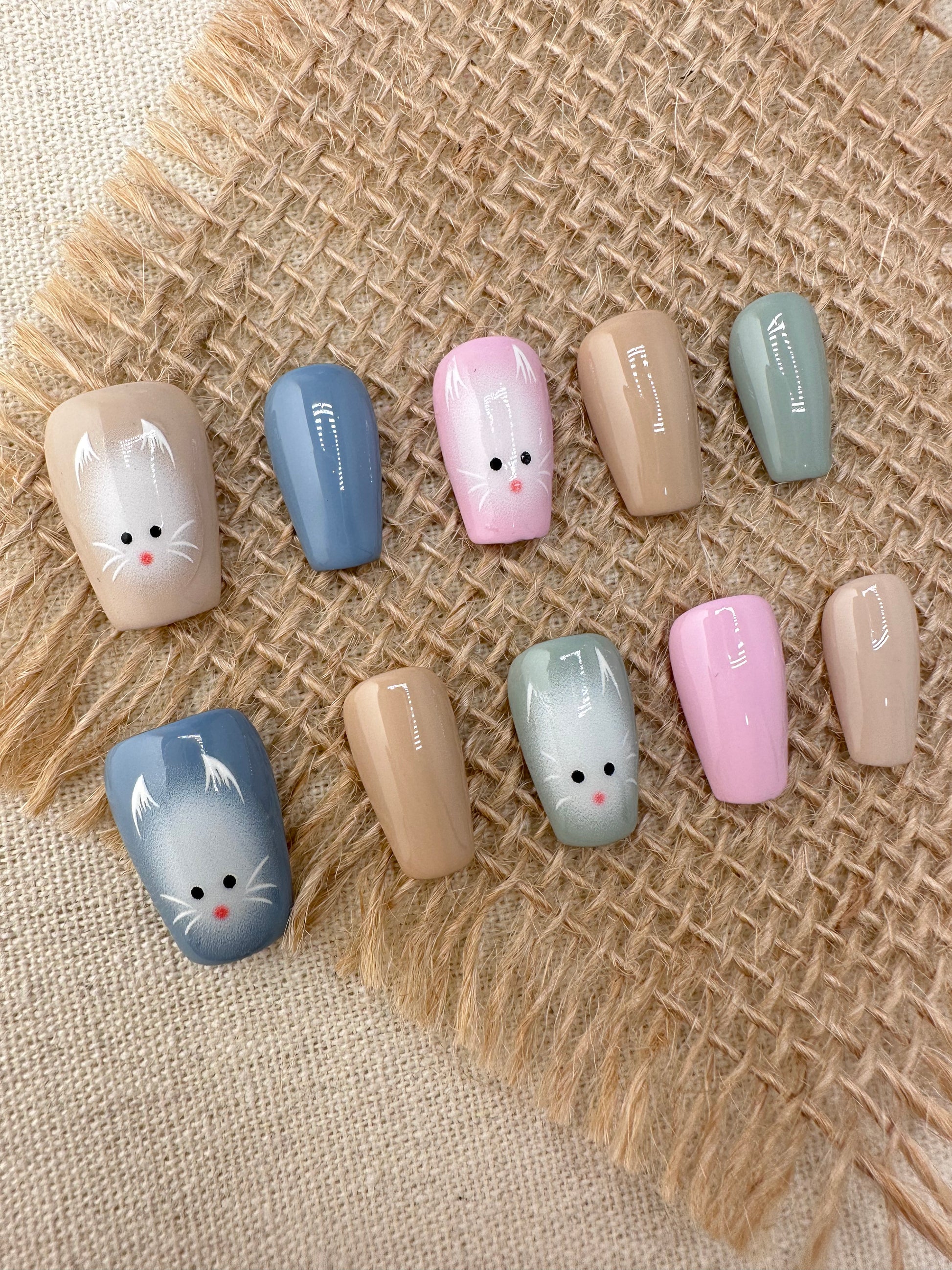 Hand-Painted Cartoon Cat Colorful Short Press-On Nails False Nails from ShopQAQ