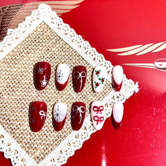 2024 Christmas Bow & Red Berry French Hand-Painted Press-On Nails False Nails from SHOPQAQ