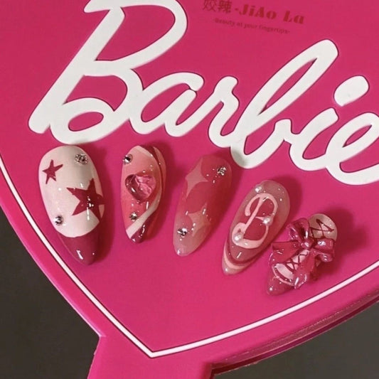 Barbie style  inspired by the moive pink barbie alond shape nails | False Nails | DIY nails, easy to apply nails, elegant nails, fake nails, False Nails, fashion nails, Handmade fake nails, Handmade False Nails, handmadefalsenails, High-Grade False Nails, luxury false nails, luxurynails, nails, Party nails., press on nails, special occasion nails, Unique False Nails | SHOPQAQ