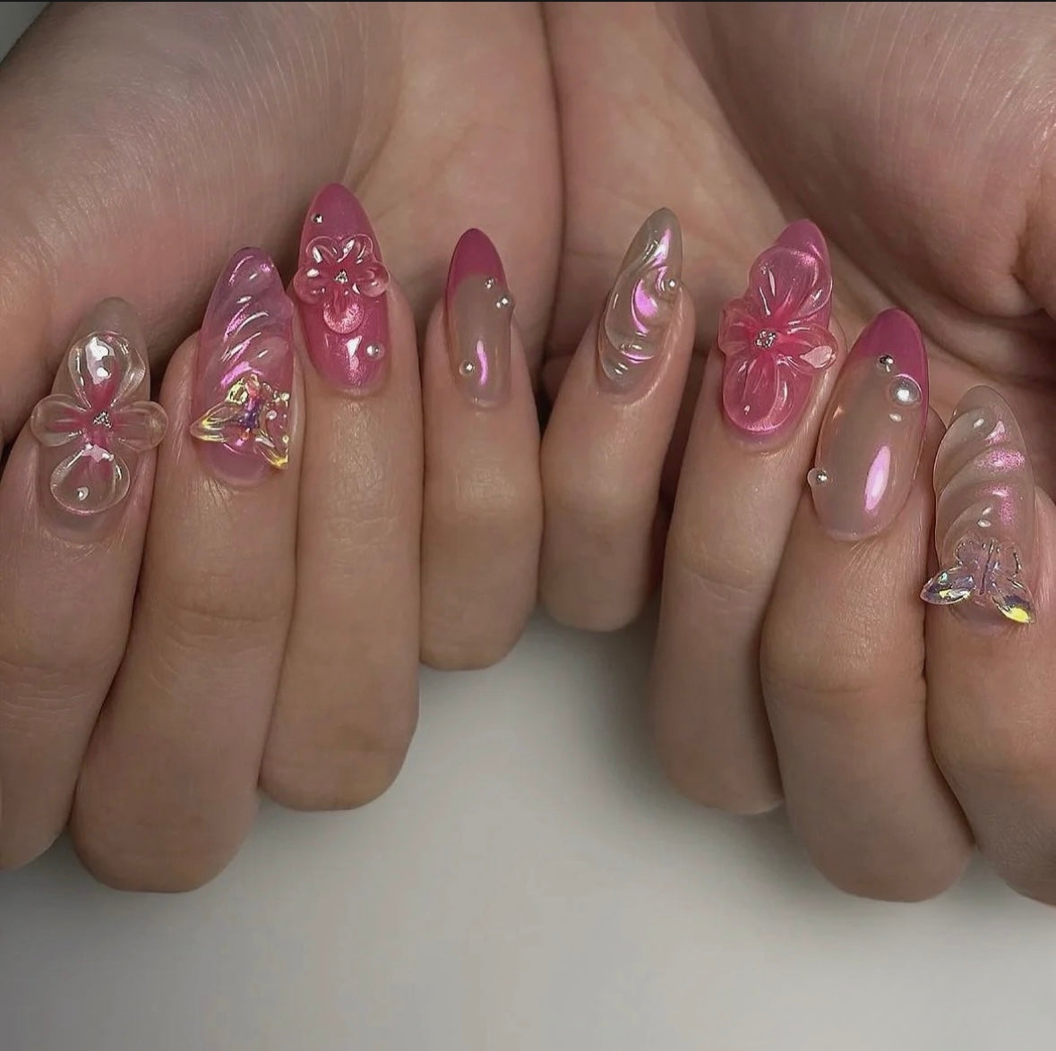 Pink Aurora Crystal 3D Flower Nails False Nails from SHOPQAQ