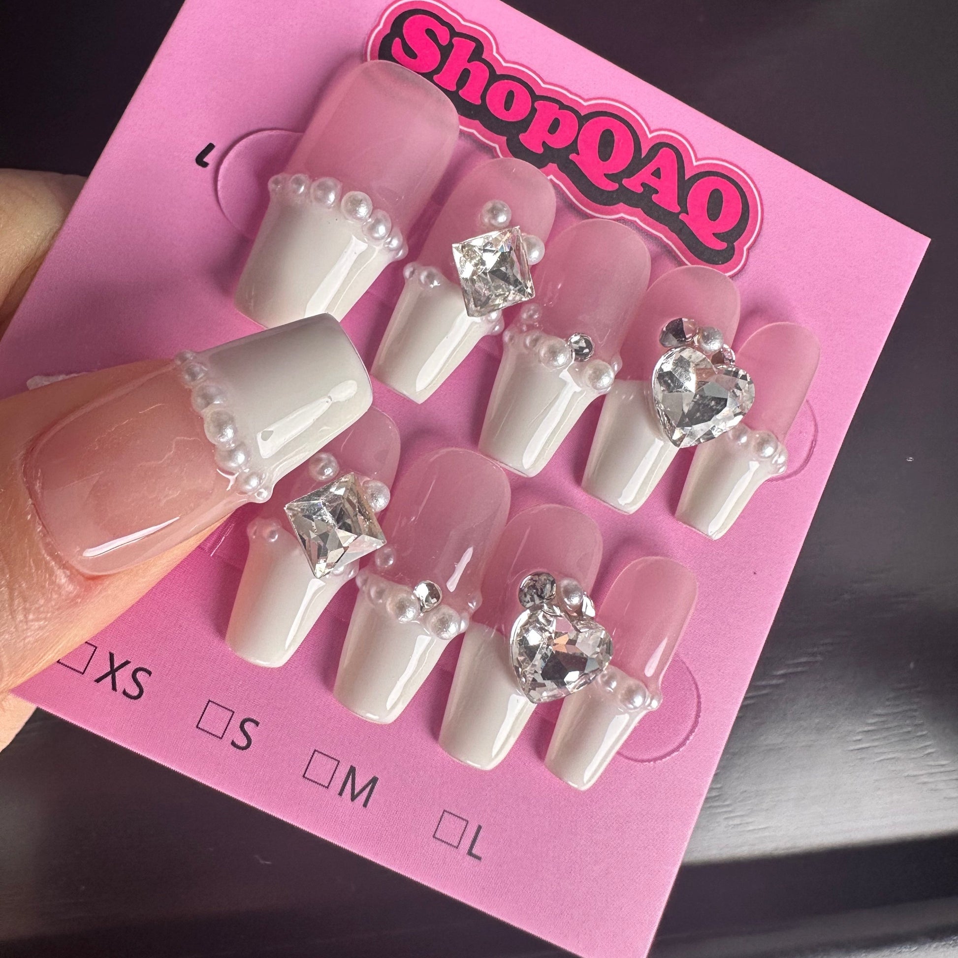 Elegant Pearl-Embellished French Manicure Press-On Nails – Handcrafted Off-White Bridal Collection False Nails from SHOPQAQ