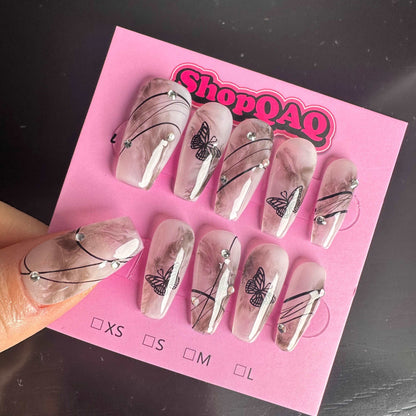 Butterfly Dreamscape  Handcrafted Press-On Nails - Black Ombre Hand-Painted Retro Aesthetic, Classic Chinese Style, 2024 New Arrival False Nails from SHOPQAQ