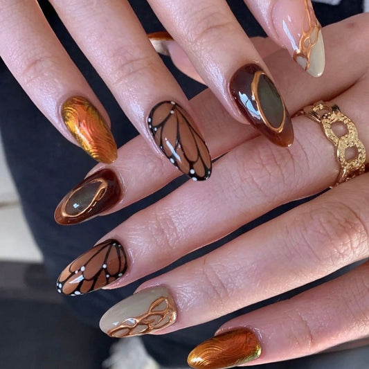 【FALL NAIL】 Hand-Painted Autumn Butterfly Almond Press-On Nails | False Nails | SHOPQAQ