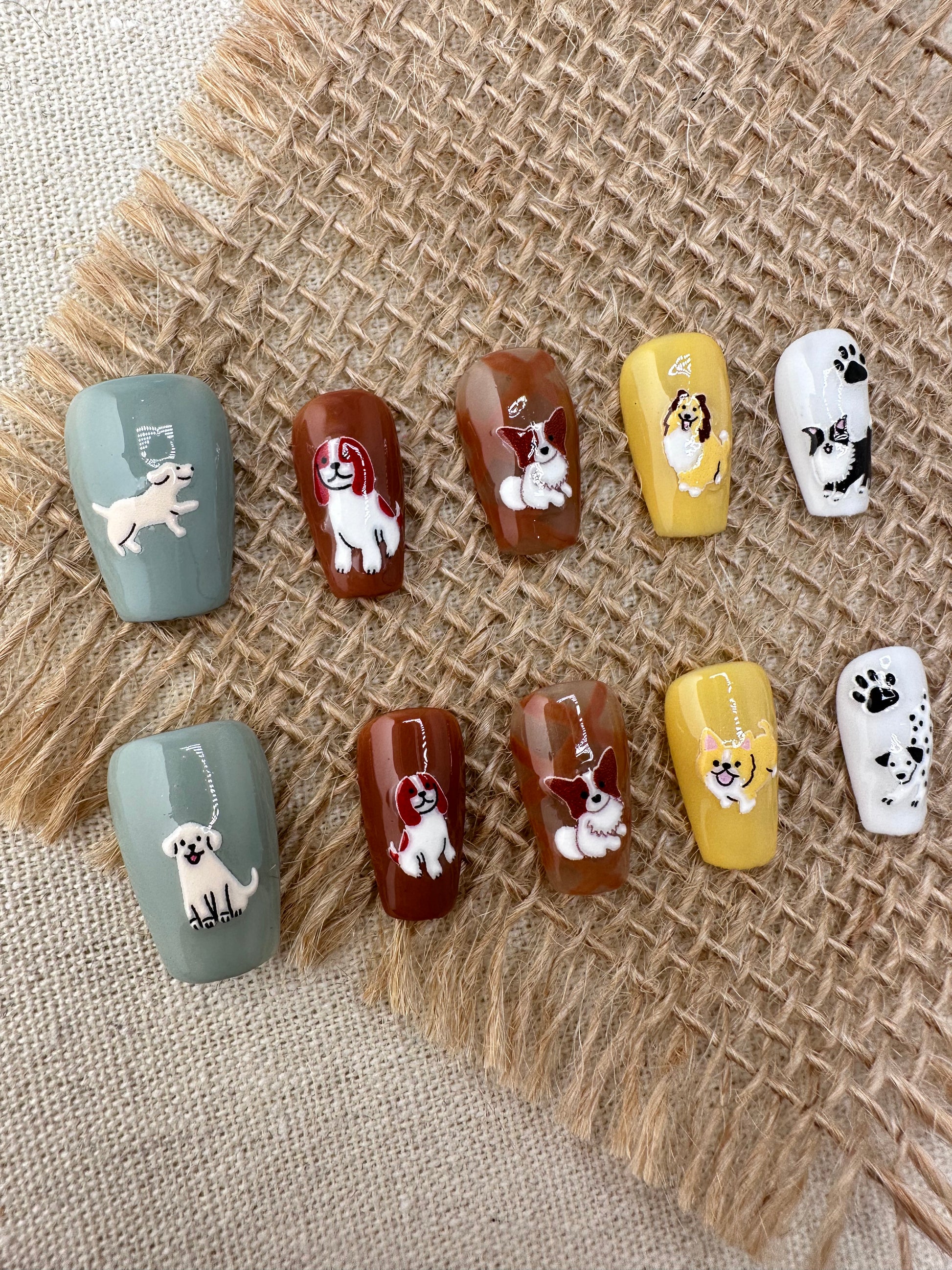 Hand-Painted Cute Dog Press-On Nails with Multicolor Base False Nails from SHOPQAQ