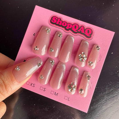 Custom Handcrafted Press-On Nails - Gel Cat Eye & Diamond Bridal Nails, Removable & Safe for All False Nails from SHOPQAQ