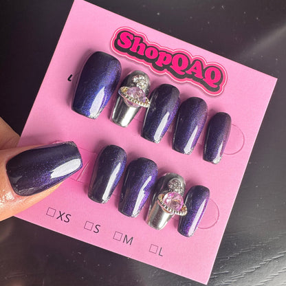 Futuristic Glam Black & Purple Trapezoid Press-On Nails - Easy Removal & Long-Lasting Wear False Nails from SHOPQAQ