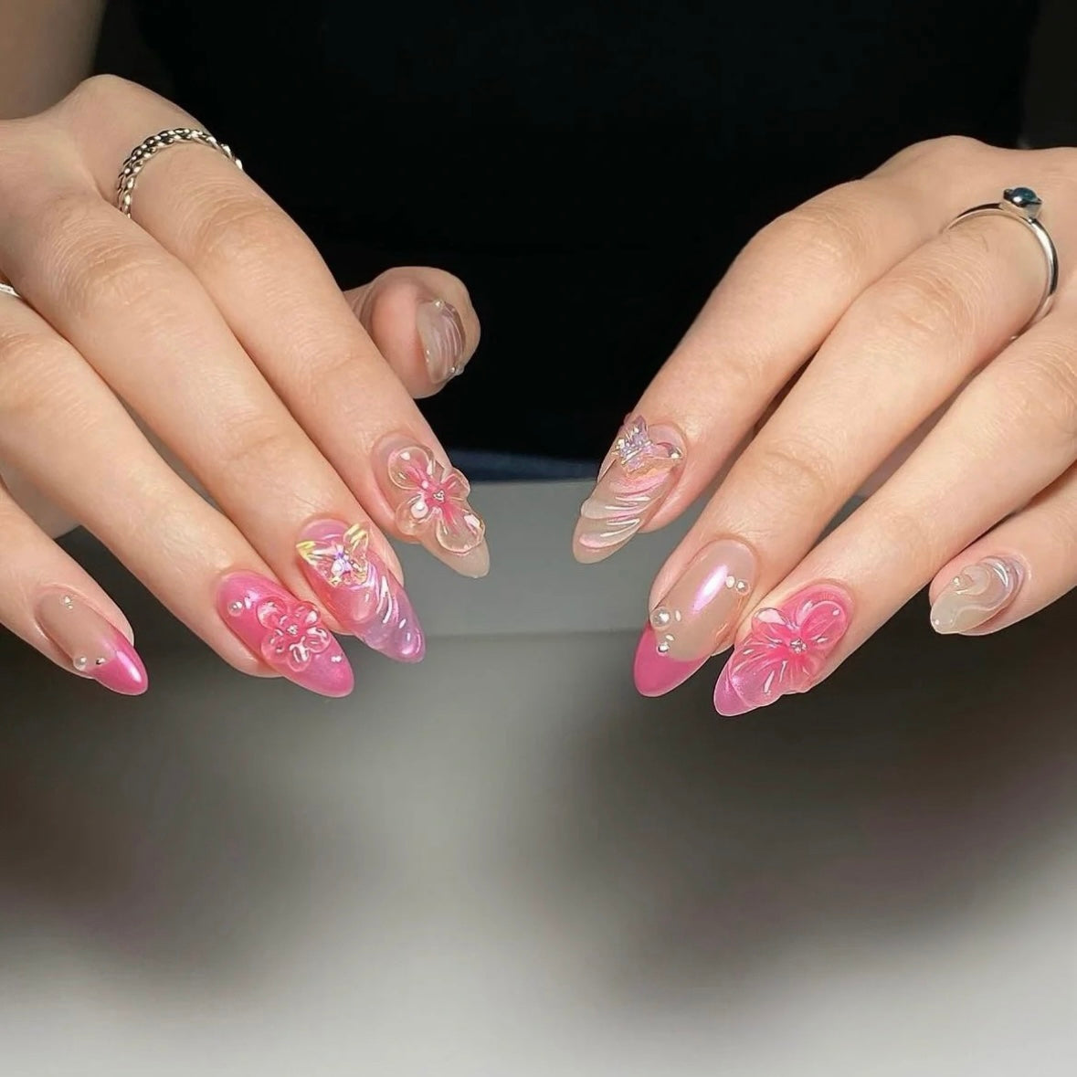 Pink Aurora Crystal 3D Flower Nails False Nails from SHOPQAQ