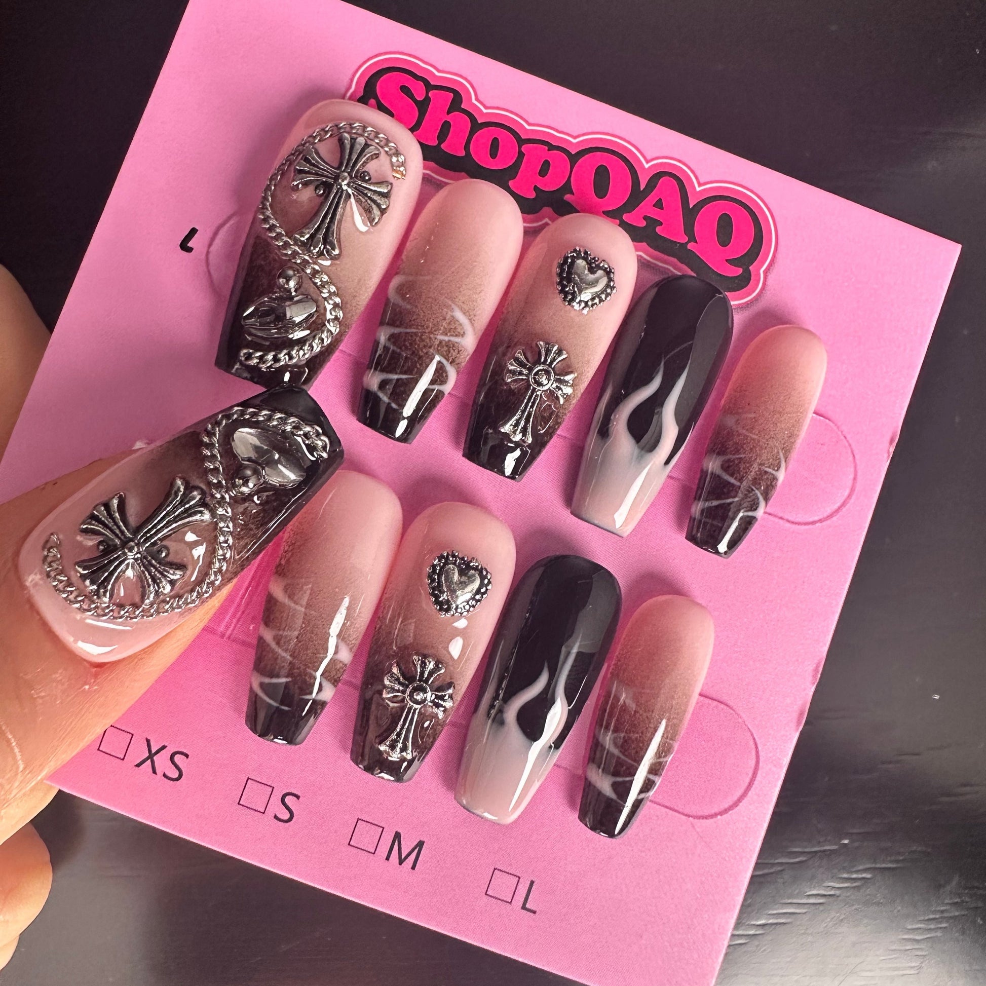 Sweet and Edgy Black-Pink Gradient Flames Press-On Nails – Y2K Trend False Nails from SHOPQAQ