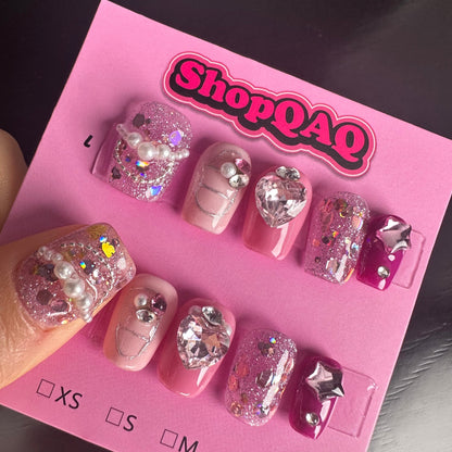 High-End Sweetheart Glitter Press-On Nails – Handcrafted Short-Length False Nails from SHOPQAQ