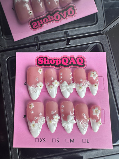 Handcrafted Spring/Summer Nude & White Floral Press-On Nails - 'Fairy Blossom' Collection False Nails from SHOPQAQ