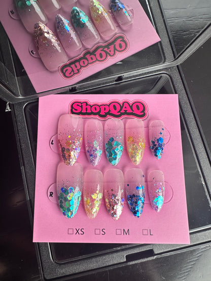 High-End Mermaid Chic | Handcrafted Press-On Nails – Summer Sparkle, Colorful Sequins, Premium Quality False Nails from ShopQAQ