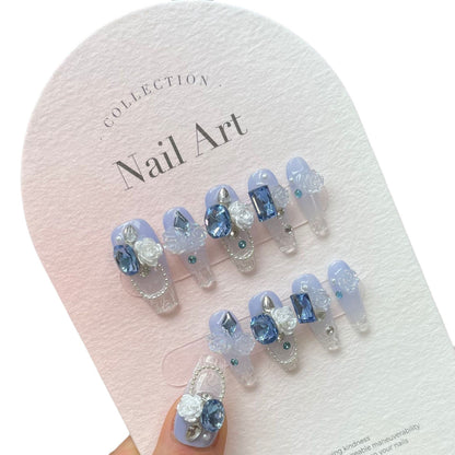 White camellia blue base False Nails from SHOPQAQ