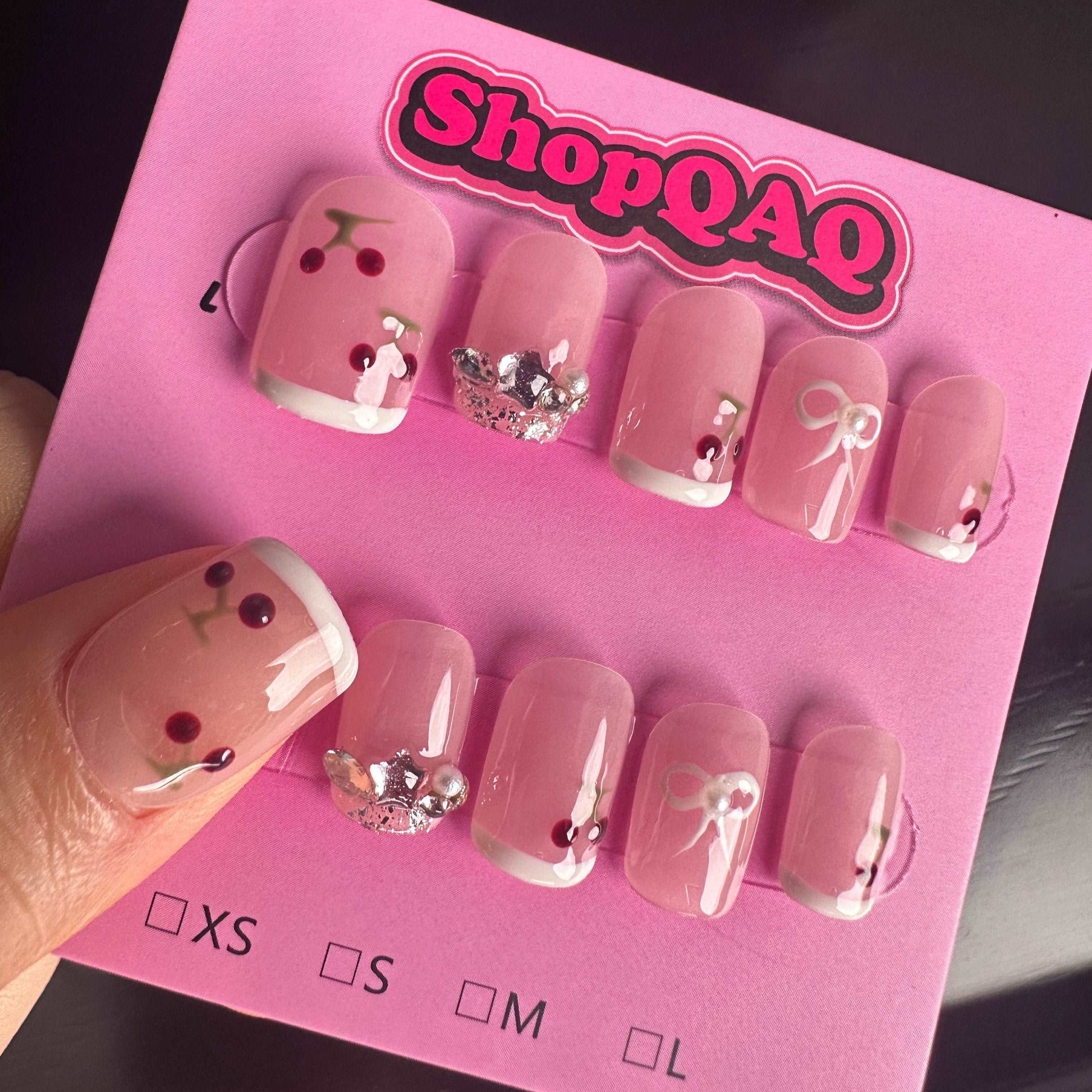 Cherry Milk Cap | High-Quality Nude French Press-On Nails – Handcrafted Cherry Design, Short-Length, Ready-to-Wear False Nails from SHOPQAQ