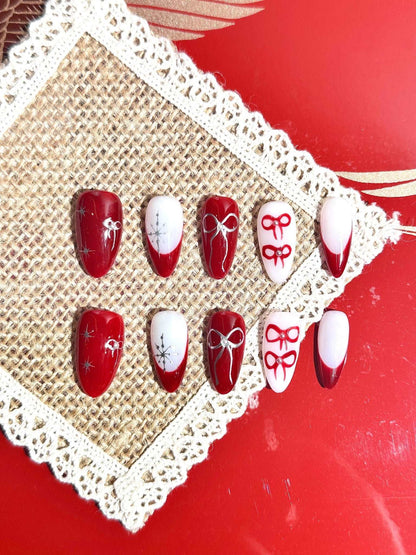 2024 Christmas Bow & Red Berry French Hand-Painted Press-On Nails False Nails from SHOPQAQ