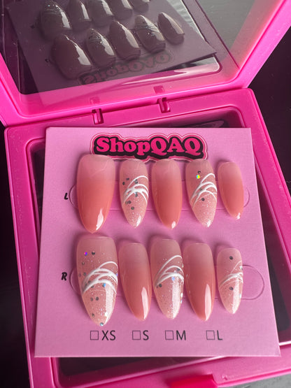 Almond-Shaped Pink & White Brushstroke Sparkling Minimalist Handcrafted Press-On Nails False Nails from SHOPQAQ