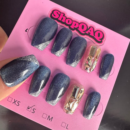 High-End Aurora Fog Blue Cat Eye Press-On Nails with Champagne Rhinestones | False Nails | SHOPQAQ