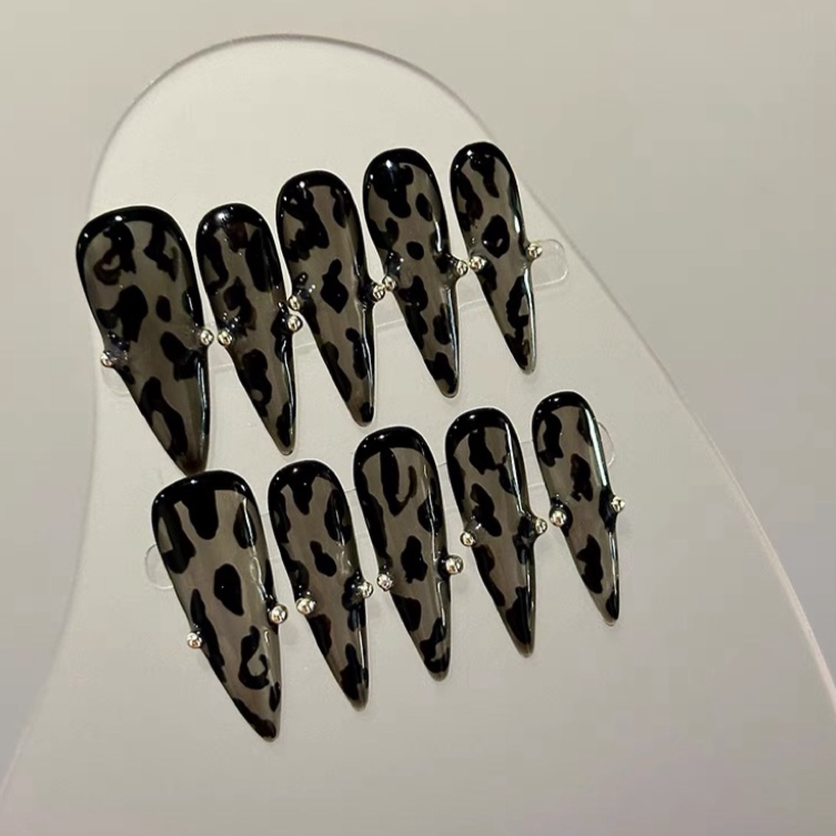 【handdrawn black leopard】 | False Nails | diamond nails, DIY nails, easy to apply nails, elegant nails, fake nails, False Nails, fashion nails, Handmade fake nails, Handmade False Nails, handmadefalsenails, High-Grade False Nails, long-lasting nails, luxury false nails, luxurynails, nails, Party nails., press on nails, special occasion nails, Unique False Nails, wedding nails, White False Nails | SHOPQAQ