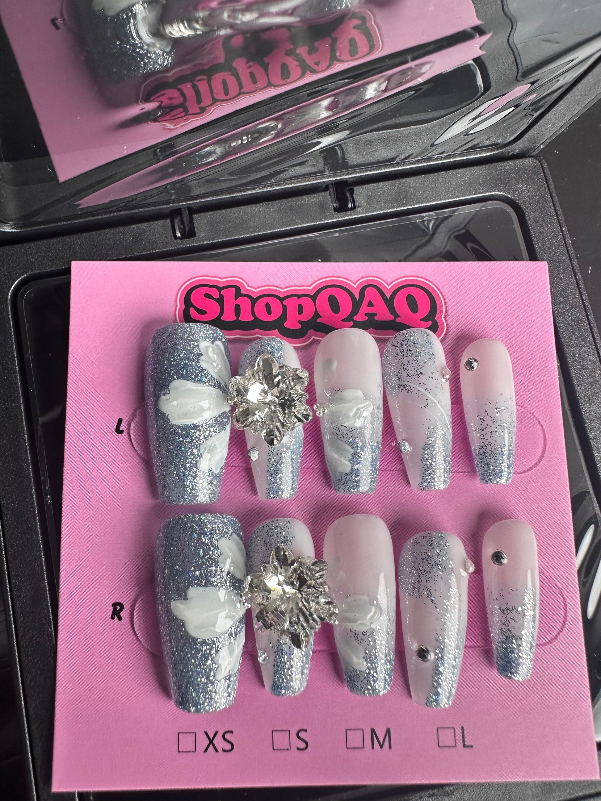 Haze Blue Handcrafted Press-On Nails - New Crystal Daisy Glitter Nail Art, Elegant & Stylish for Students False Nails from SHOPQAQ