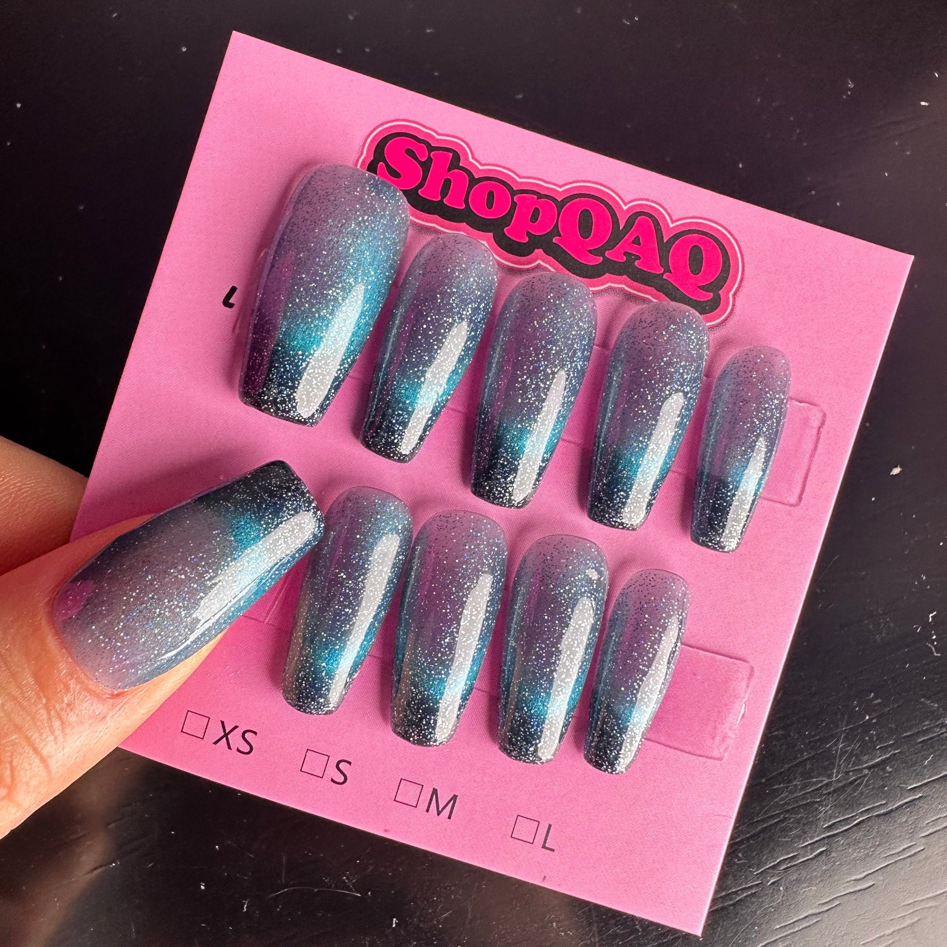 Night Sky Cat Eye Sapphire Press-On Nails - Dynamic Blue Gradient French Manicure with Crystals | False Nails | SHOPQAQ