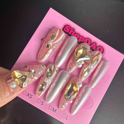 Champagne Gold Luxe | High-End Handcrafted Press-On Nails with Rhinestones – Elegant, Versatile, White-Enhancing Nail Strips False Nails from SHOPQAQ